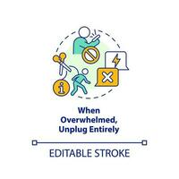 Unplug when feeling overwhelmed concept icon. Stay informed without stress from news abstract idea thin line illustration. Isolated outline drawing. Editable stroke vector