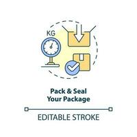 Pack and seal your package concept icon. Parcel requirements. Use mail services tip abstract idea thin line illustration. Isolated outline drawing. Editable stroke vector