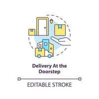 Delivery at doorstep concept icon. Address shipping. Courier services. Receive parcel abstract idea thin line illustration. Isolated outline drawing. Editable stroke vector