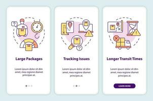 Traditional mail disadvantages onboarding mobile app screen. Post walkthrough 3 steps editable graphic instructions with linear concepts. UI, UX, GUI template vector