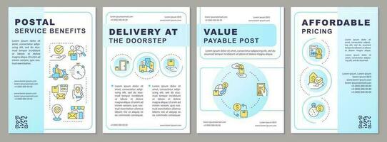 Postal service benefits blue brochure template. Delivery advantages. Leaflet design with linear icons. Editable 4 vector layouts for presentation, annual reports