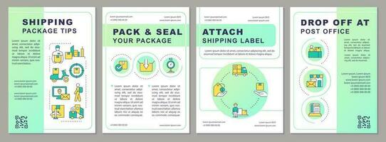 Shipping package tips green brochure template. Send parcel tips. Leaflet design with linear icons. Editable 4 vector layouts for presentation, annual reports