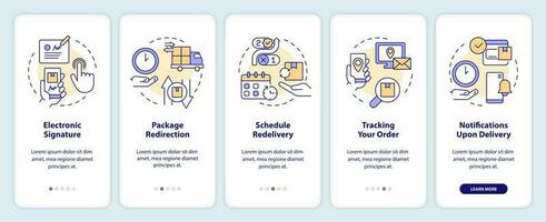 Postal services examples onboarding mobile app screen. Delivery walkthrough 5 steps editable graphic instructions with linear concepts. UI, UX, GUI template vector