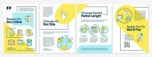 Postal box services blue and yellow brochure template. Letterbox pros. Leaflet design with linear icons. Editable 4 vector layouts for presentation, annual reports