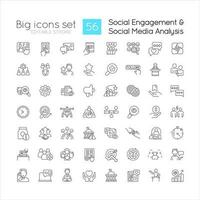 Social media engagement linear icons set. Target audience involvement. Users analysis. Customizable thin line symbols. Isolated vector outline illustrations. Editable stroke