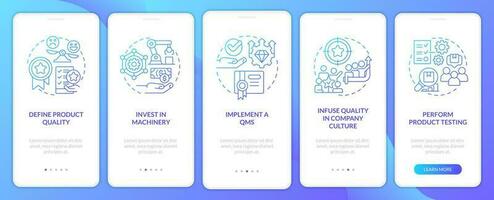 Improving product quality blue gradient onboarding mobile app screen. Brand walkthrough 5 graphic instructions with linear concepts. UI, UX, GUI template vector