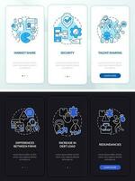 Merger objectives night and day mode onboarding mobile app screen. Walkthrough 3 steps editable graphic instructions with linear concepts. UI, UX, GUI template vector