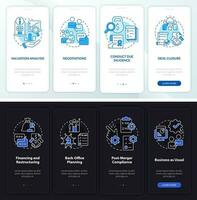 Stages of merger night and day mode onboarding mobile app screen. Walkthrough 4 steps editable graphic instructions with linear concepts. UI, UX, GUI template vector