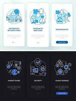 Cons of consolidation night and day mode onboarding mobile app screen. Walkthrough 3 steps editable graphic instructions with linear concepts. UI, UX, GUI template vector