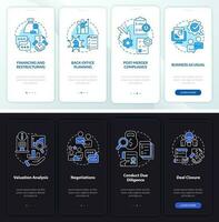 Merger stages night and day mode onboarding mobile app screen. Walkthrough 4 steps editable graphic instructions with linear concepts. UI, UX, GUI template vector