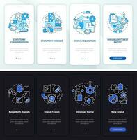 Consolidation night and day mode onboarding mobile app screen. Walkthrough 4 steps editable graphic instructions with linear concepts. UI, UX, GUI template vector