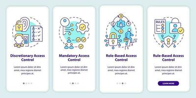 Types of access control onboarding mobile app screen. Identity walkthrough 4 steps editable graphic instructions with linear concepts. UI, UX, GUI template vector