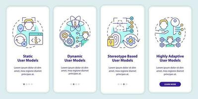 User modeling onboarding mobile app screen. Interaction walkthrough 4 steps editable graphic instructions with linear concepts. UI, UX, GUI template vector