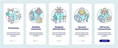 Management of identities onboarding mobile app screen. Users accounts walkthrough 5 steps editable graphic instructions with linear concepts. UI, UX, GUI template vector