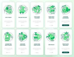 Gardening tips green onboarding mobile app screen set. Horticulture walkthrough 5 steps editable graphic instructions with linear concepts. UI, UX, GUI template vector