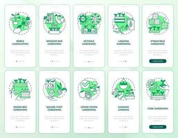 Gardening methods green onboarding mobile app screen set. Planting walkthrough 5 steps editable graphic instructions with linear concepts. UI, UX, GUI template vector
