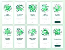 Gardening methods green onboarding mobile app screen set. Planting walkthrough 5 steps editable graphic instructions with linear concepts. UI, UX, GUI template vector