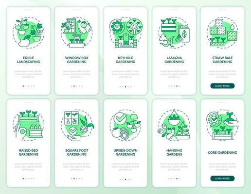 Gardening methods green onboarding mobile app screen set. Planting walkthrough 5 steps editable graphic instructions with linear concepts. UI, UX, GUI template