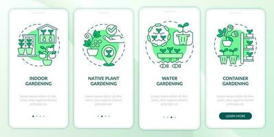 Gardening types green onboarding mobile app screen. Planting walkthrough 4 steps editable graphic instructions with linear concepts. UI, UX, GUI template vector
