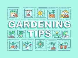 Gardening tips word concepts mint banner. Growing plants. Infographics with editable icons on color background. Isolated typography. Vector illustration with text