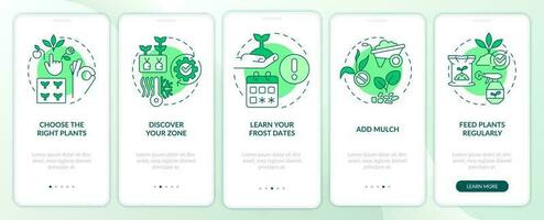 Tips for gardening green onboarding mobile app screen. Plants growth walkthrough 5 steps editable graphic instructions with linear concepts. UI, UX, GUI template vector