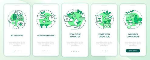 Gardening tips green onboarding mobile app screen. Successful planting walkthrough 5 steps editable graphic instructions with linear concepts. UI, UX, GUI template vector