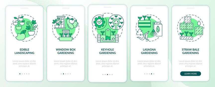Ideas for gardeners green onboarding mobile app screen. Vegetation walkthrough 5 steps editable graphic instructions with linear concepts. UI, UX, GUI template vector