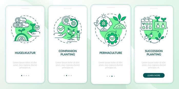 Methods of gardening green onboarding mobile app screen. Planting walkthrough 4 steps editable graphic instructions with linear concepts. UI, UX, GUI template vector