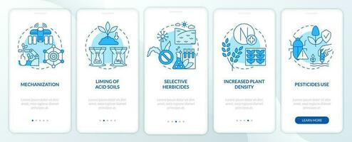 Agricultural productivity sources blue onboarding mobile app screen. Walkthrough 5 steps editable graphic instructions with linear concepts. UI, UX, GUI template vector