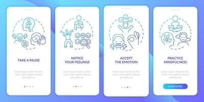 Emotional regulation skills blue gradient onboarding mobile app screen. Walkthrough 4 steps graphic instructions with linear concepts. UI, UX, GUI template vector