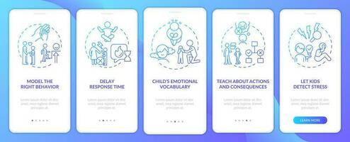 Fostering emotional regulation in child blue gradient onboarding mobile app screen. Walkthrough 5 steps instructions with linear concepts. UI, UX, GUI template vector