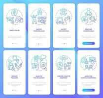 Emotional regulation blue gradient onboarding mobile app screen set. Walkthrough 4 steps graphic instructions with linear concepts. UI, UX, GUI template vector