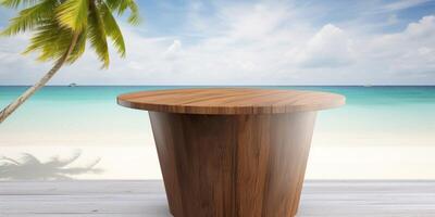 A wooden table on a beach with a palm tree photo