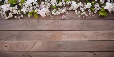 un de madera mesa con un florido antecedentes ai generado foto