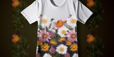 un blanco mujer t camisa Bosquejo con primavera flores ai generado foto