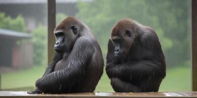 Two gorillas are sitting in the rain photo