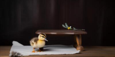 un anadón es sentado en un mesa ai generado foto