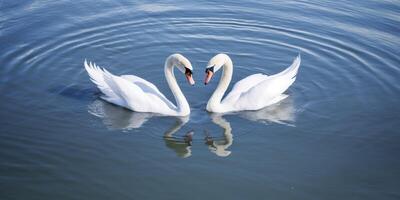 dos cisnes haciendo corazón forma en el agua ai generado foto