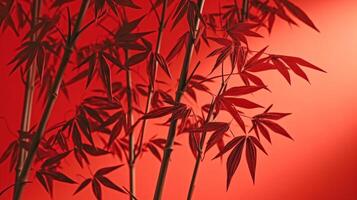 tropical chino bambú arboles con moteado luz de sol, hoja sombra en rojo muro, Copiar espacio. ai generado foto