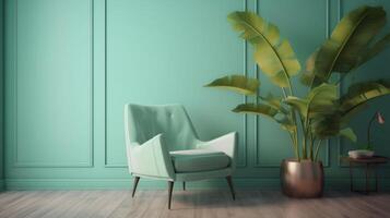 Mid-century retro turquoise armchair with tropical banana tree in concrete pot in sunlight on pastel green background, copy space. photo