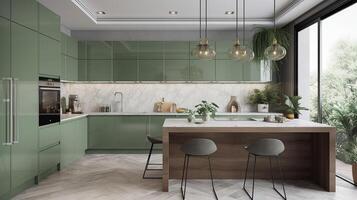 moderno diseño cocina con sabio verde gabinetes ai generado foto