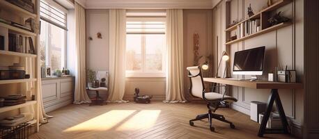 Set up a computer desk with a leather work chair in the sun from a window with curtains. Ai generated photo