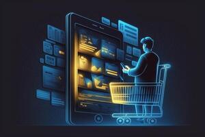 Online shopping and payments, Man using tablet with shopping cart icon, Digital marketing, Banking and finance. photo