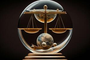 Court scales in a clear glass globe on a wooden stand. Abstract planetarium. photo