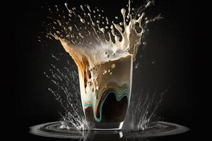 Milk splash in cup, froth dripping on black table. photo