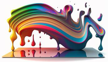 Liquid sticky paint flowing down, realistic gradient rainbow paint, random pattern on white background. photo