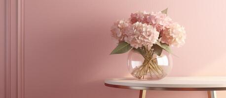 Pastel pink podium side table with hydrangea bouquet in modern glass vase against pastel pink wall background. photo