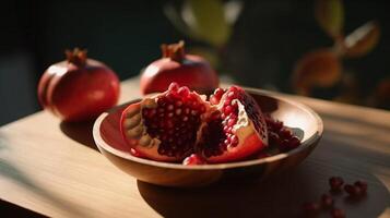 Closeup of Fresh pomegranate slices on brown wooden plate in sunlight. photo
