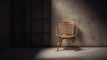 Elegant retro design brown wooden rattan chair with blank polished cement wall, light beam, copy space. photo