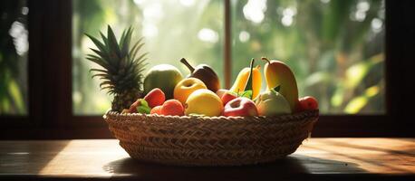 Fresh fruit in a basket on a wooden table in the sun on a blurred plantation background. photo